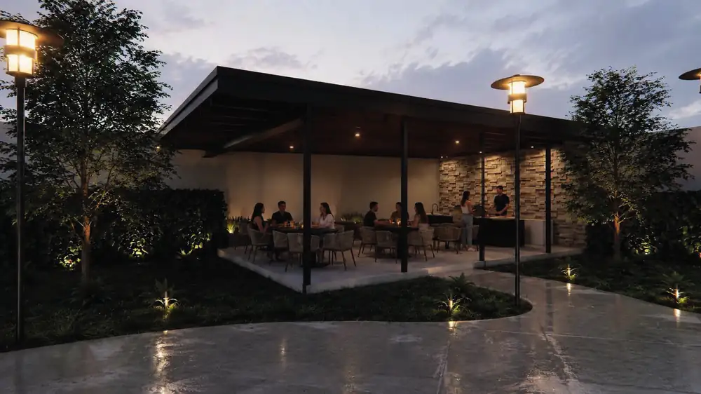 Terraza con asadores al anochecer